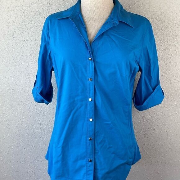 EUC Sharagano Womens Blue 3/4 Sleeve Button Down Top Size L - Picture 1 of 8